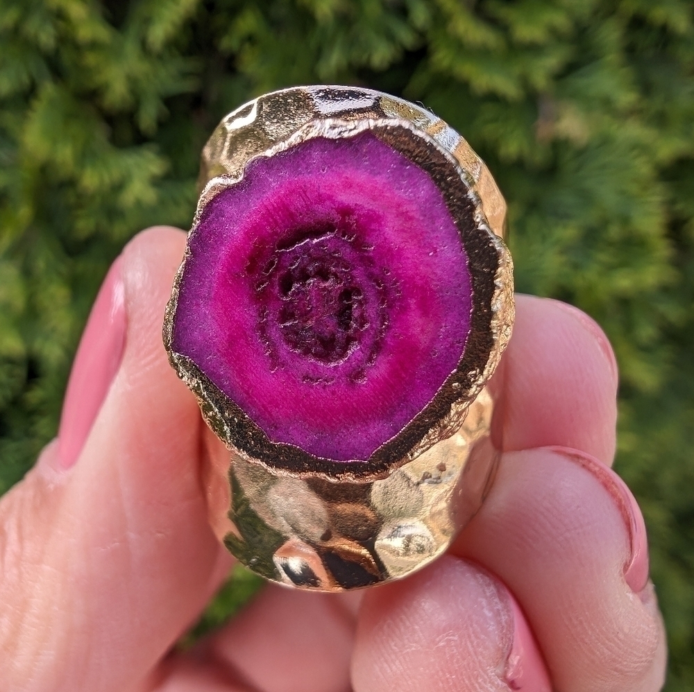 Artisan Handmade In Morocco Adjustable Pink Geode Wide Band Gold Ring Size 9.25 - Picture 4 of 9